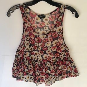 Millau Red Floral Pemplum Sheer Sleeveless Crew Neck Blouse Shirt Top Si…